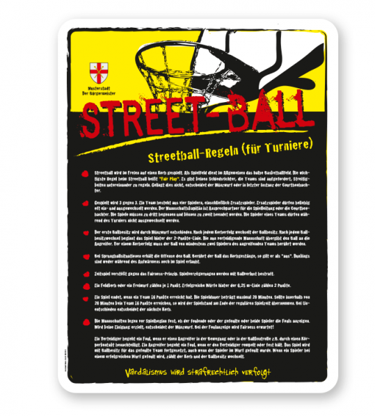 Spielplatzschild Spielregeln Streetball - gelb - DS