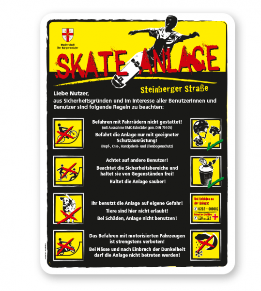 Spielplatzschild Skate-Anlage mit Verhaltenshinweisen 8P - gelb - DS