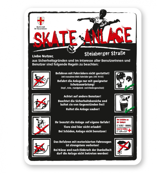 Spielplatzschild Skate-Anlage mit Verhaltenshinweisen 8P - weiß - DS