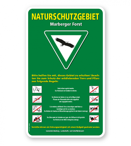 Schild Naturschutzgebiet mit Verkehrszeichen und Piktogrammen - 2 – G/GW