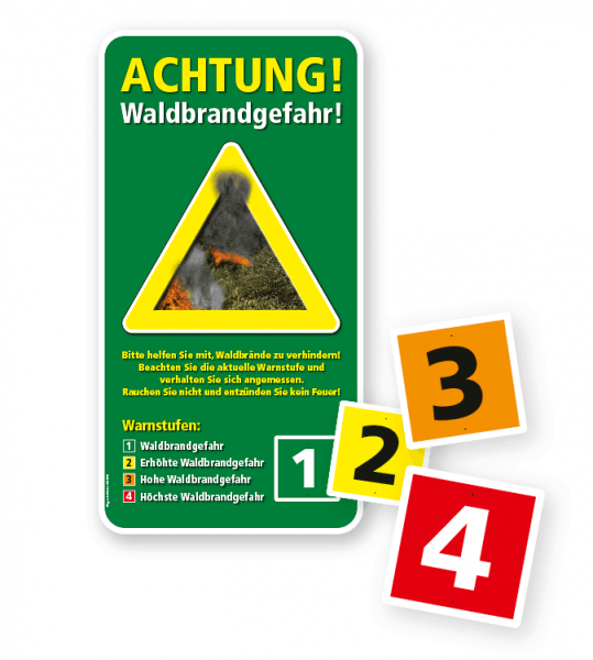 Warnschild Achtung, Waldbrandgefahr - mit auswechselbaren Warnstufenziffern – G/GW