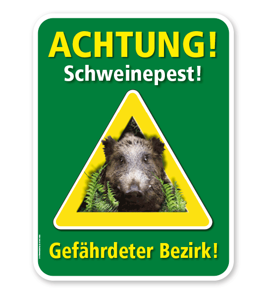 Warnschild Achtung, Schweinepest. Gefährdeter Bezirk – G/GW