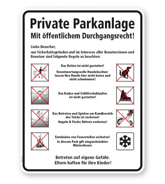 Hinweisschild Private Parkanlage mit Piktogrammen 8P - GF