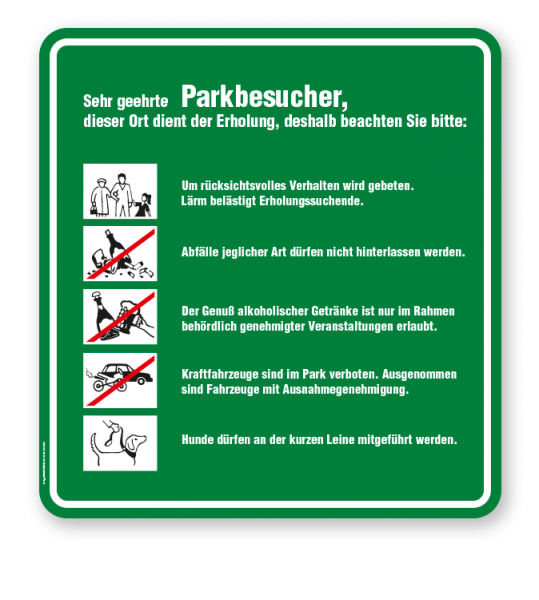 Schild Sehr geehrte Parkbesucher - Verhaltensregeln 5P - GF