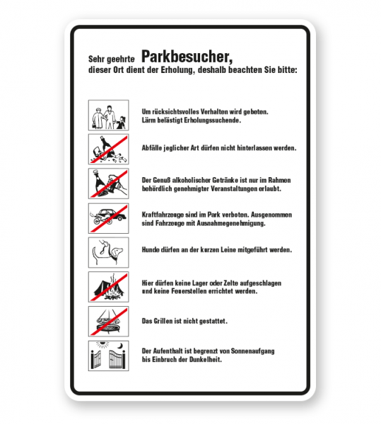 Schild Sehr geehrte Parkbesucher - Verhaltensregeln 8P - GF