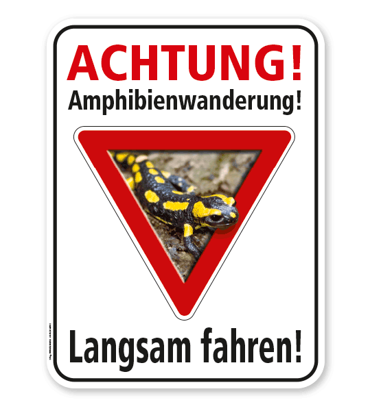 Tierschutzschild Achtung, Amphibienwanderung. Langsam fahren - Salamander – G/GW
