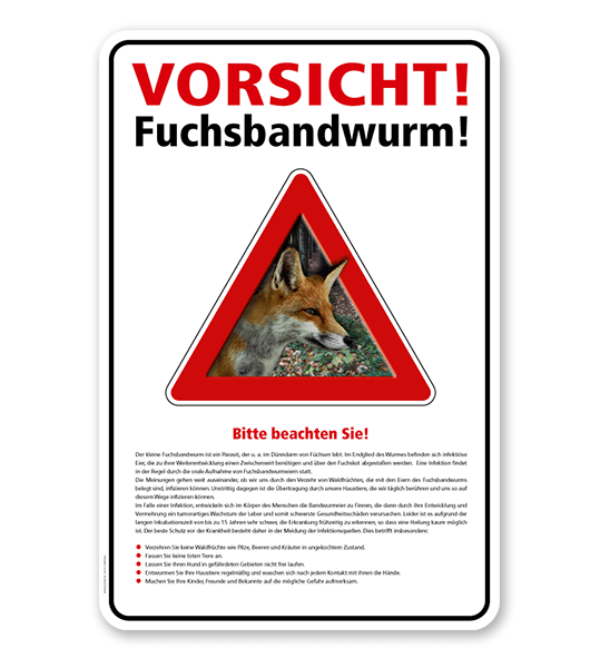 Warnschild Vorsicht, Fuchsbandwurm mit Hinweisen – G/GW