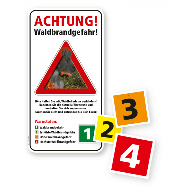 Warnschild Achtung, Waldbrandgefahr - mit auswechselbaren Warnstufenziffern – G/GW
