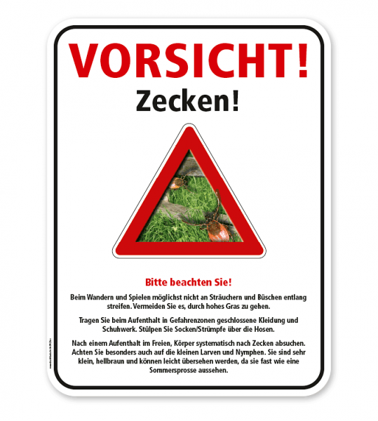 Warnschild Vorsicht, Zecken - mit Hinweisen – G/GW