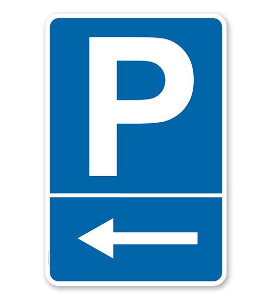 Parkplatzschild mit linksweisendem Pfeil – P
