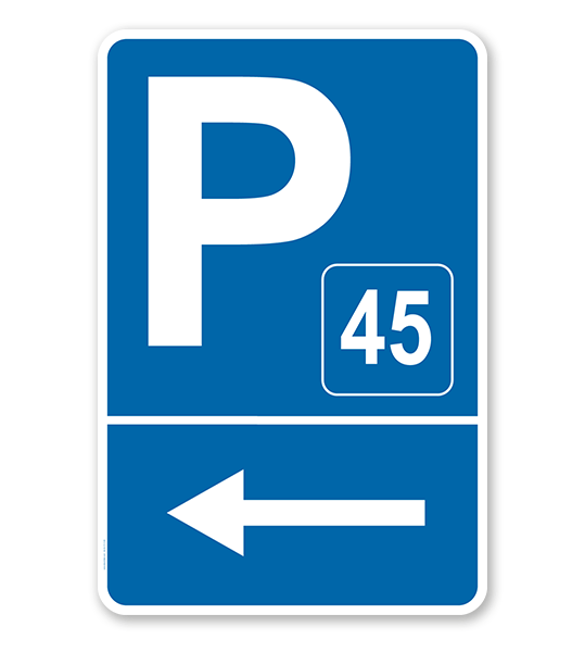 Parkplatzschild mit Pfeil links und Nummerierung – P