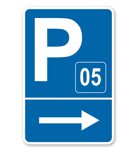 Parkplatzschild mit Pfeil rechts und Nummerierung – P