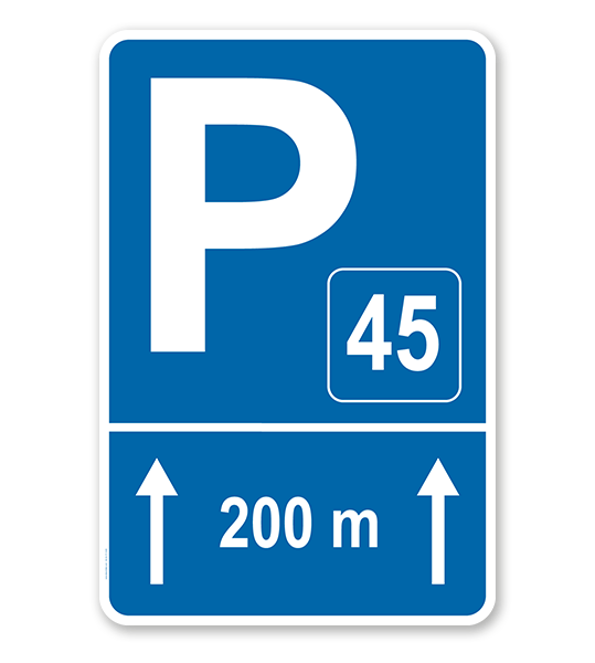Parkplatzschild mit Pfeilen geradeaus und Nummerierung – P