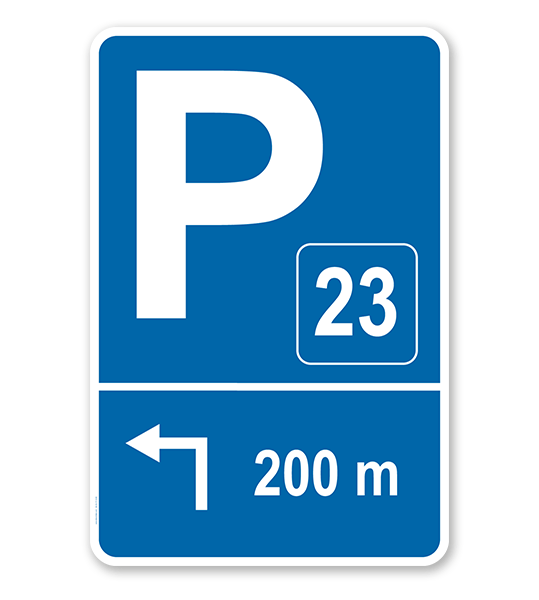 Parkplatzschild mit Pfeil links abknickend und Nummerierung – P