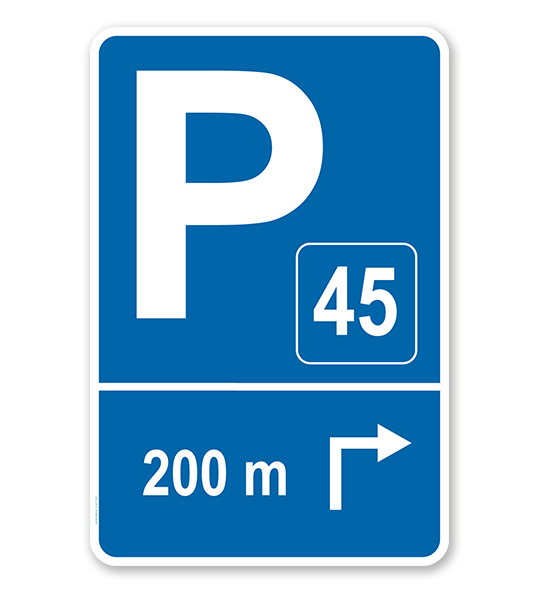 Parkplatzschild mit Pfeil rechts abknickend und Nummerierung – P