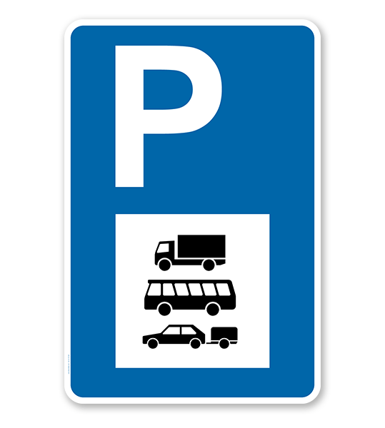 Parkplatzschild - PKW, Busse und LKW - mit Symbol – P