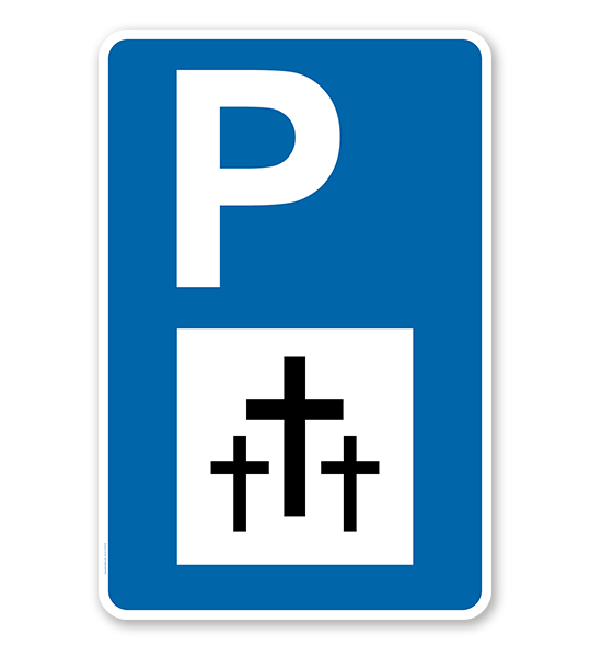 Parkplatzschild - Kriegsgräberstätte - mit Kreuzsymbol – P