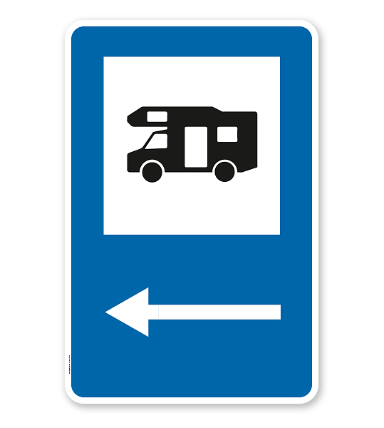 Parkplatzschild - Camping Wohnmobil - Pfeil links - mit Wohnmobilsymbol – P