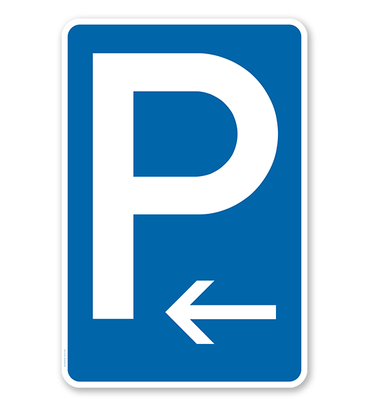 Parkplatzschild mit Pfeil linksweisend – P