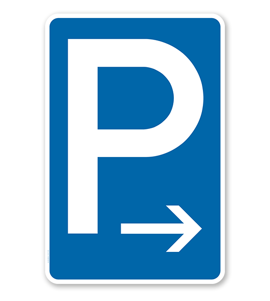 Parkplatzschild mit Pfeil rechtsweisend – P