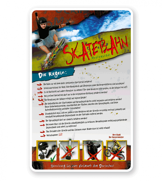 Schild Skatebahn 4P - PB - längere Schilderversion