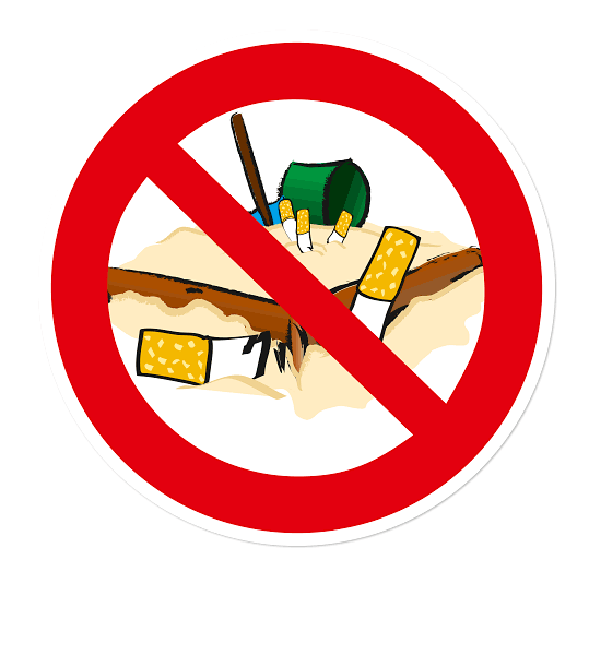 Verbotszeichen Rauchen auf dem Spielplatz / Zigaretten im Sand verboten