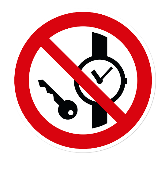 Verbotszeichen Mitführen von Metallteilen oder Uhren verboten nach DIN EN ISO 7010 - P 008