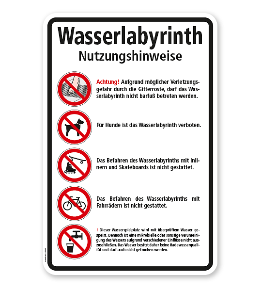 Verbotsschild Wasserlabyrinth - Nutzungshinweise