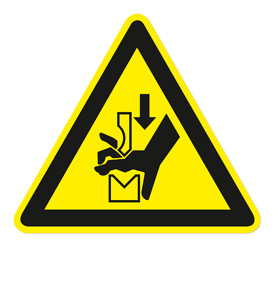Warnzeichen Warnung vor Quetschgefahr der Hand zwischen den Werkzeugen einer Presse nach DIN EN ISO 7010 - W 030