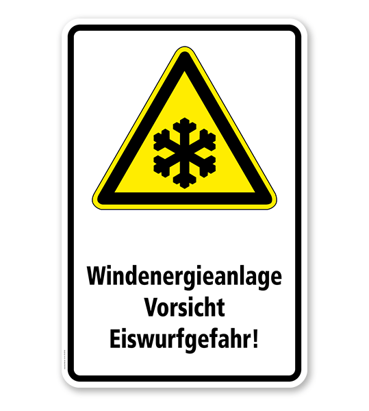 Warnschild Windenergieanlage. Vorsicht Eiswurfgefahr