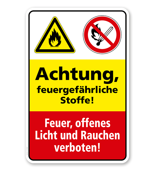 Sicherheitsschild Achtung - Feuergefährliche Stoffe! Feuer, offenes Licht und Rauchen verboten!
