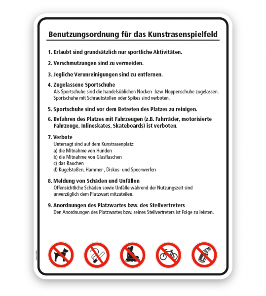 Schild Benutzungsordnung für das Kunstrasenfeld - SP