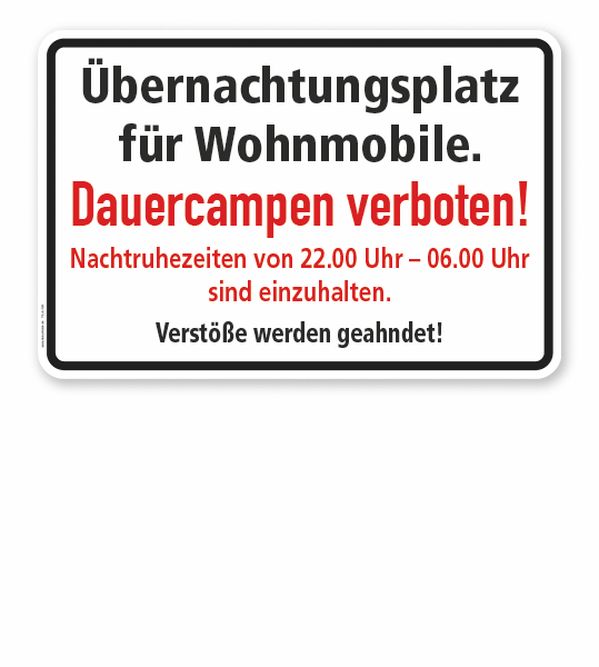 Textschild Übernachtungsplatz für Wohnmobile. Dauercampen verboten! - TX