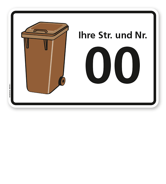 Schild Braune Tonne mit Straßennamen und Nummer - WH