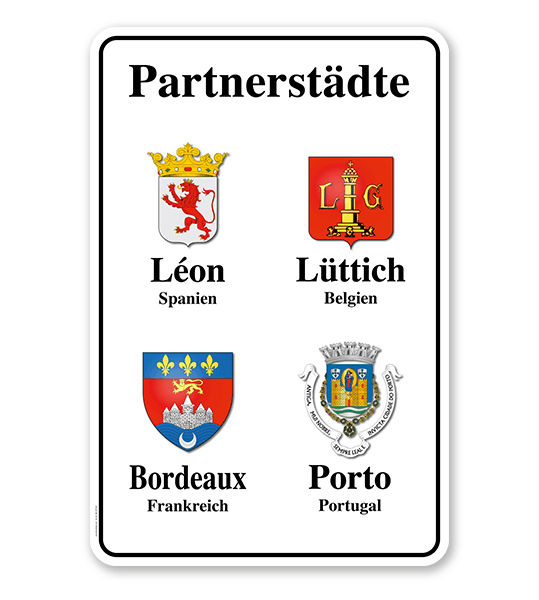 Schild Städtepartnerschaft mit 4 Wappen - weiß - WH