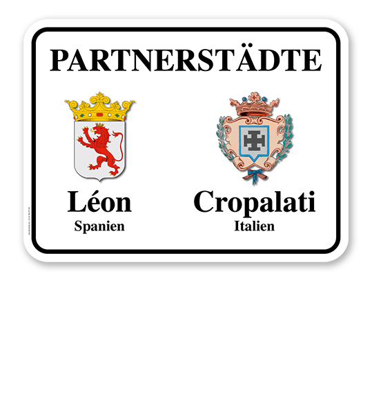 Schild Städtepartnerschaft mit 2 Wappen - weiß - quer - WH