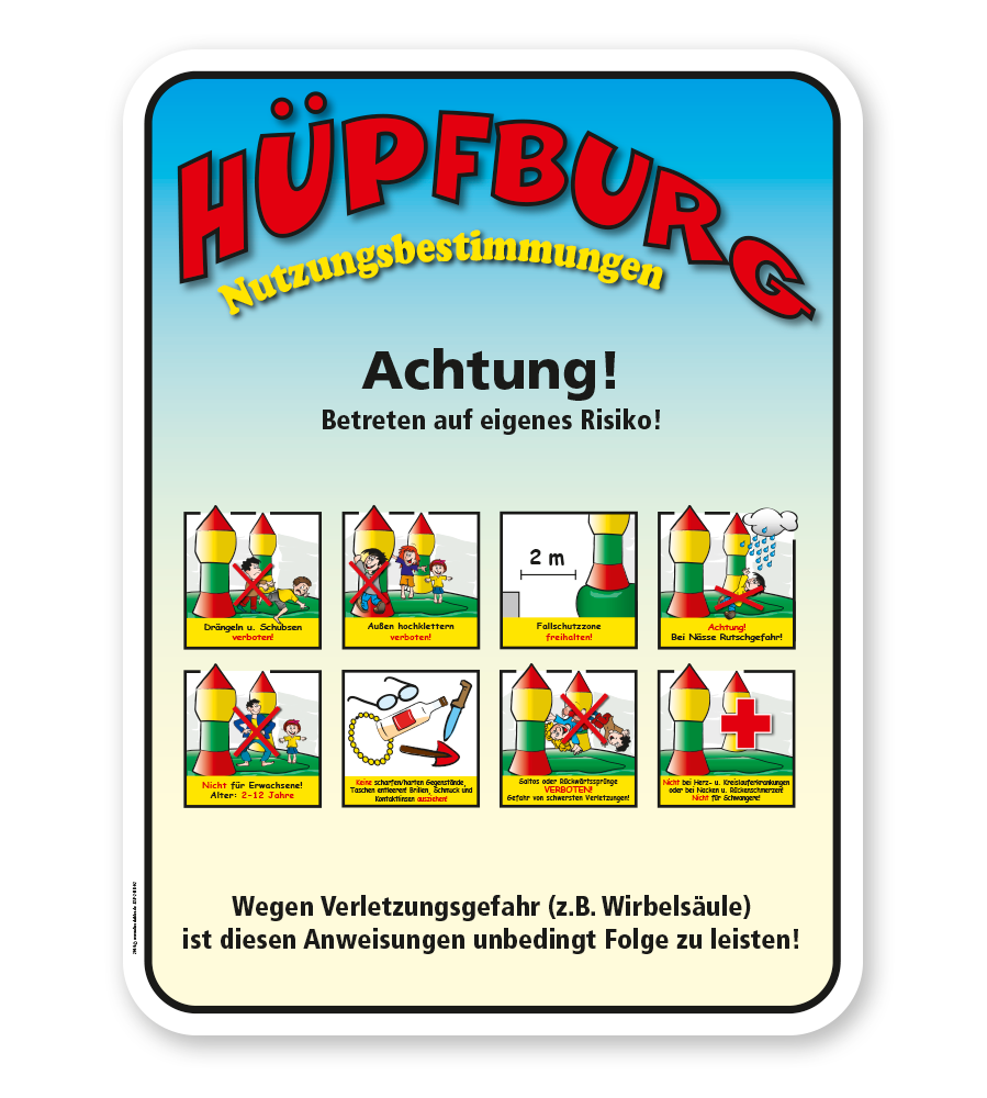 Spielplatzschilder für Hüpfburgen nach EU-Norm DIN EN 1176:2008-08 - TÜV  geprüft