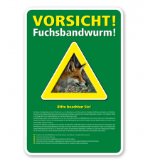 Warnschild Vorsicht, Fuchsbandwurm mit Hinweisen – G/GW