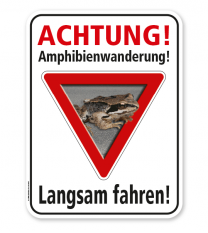Tierschutzschild Achtung, Amphibienwanderung. Langsam fahren – G/GW