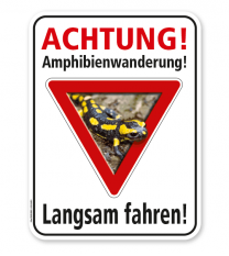 Tierschutzschild Achtung, Amphibienwanderung. Langsam fahren - Salamander – G/GW