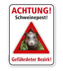 Warnschild Achtung, Schweinepest. Gefährdeter Bezirk – G/GW