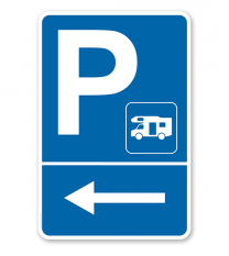 Parkplatzschild Wohnmobile links abbiegen – P