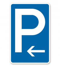 Parkplatzschild mit Pfeil linksweisend – P