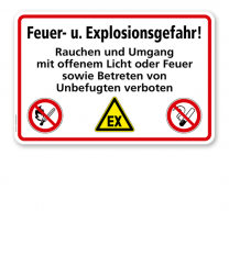 Feuer- u. Explosionsgefahr! Rauchen und Umgang mit offenem Licht und Feuer sowie Betreten von Unbefugten verboten