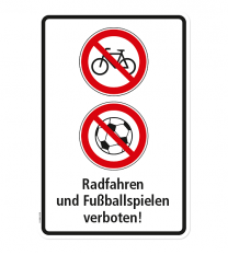 Verbotsschild Radfahren und Fußballspielen verboten