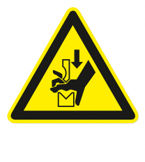Warnzeichen Warnung vor Quetschgefahr der Hand zwischen den Werkzeugen einer Presse nach DIN EN ISO 7010 - W 030