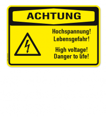 Warnschild Achtung - Hochspannung! Lebensgefahr - High Voltage! Danger to life!