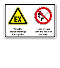 Warnschild Vorsicht, explosionsfähige Atmosphäre - Feuer, offenes Licht und Rauchen verboten