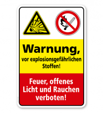 Sicherheitsschild Warnung vor explosionsgefährlichen Stoffen! Feuer, offenes Licht und Rauchen verboten!