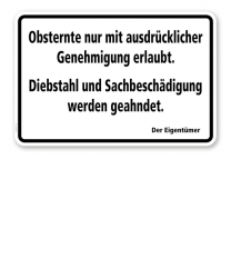 Textschild Obsternte nur mit ausdrücklicher Genehmigung erlaubt - TX